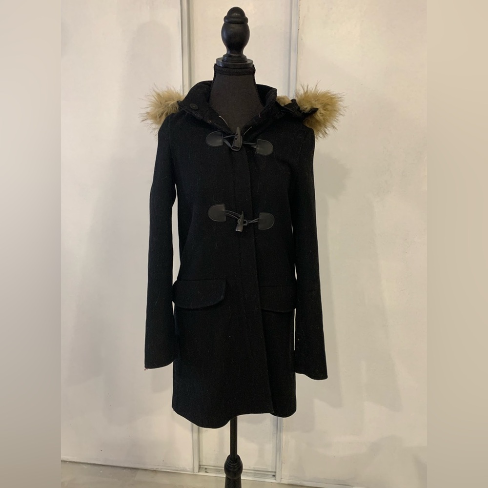Women's Black Toggle Coat with Faux Fur Hood